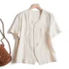 Camisa corta de manga corta estilo "old money", holgada, transpirable y cómoda, de mezcla de lino floral, con cuello en V y bolsillo pequeño, top tipo chaqueta ligero