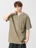 Camiseta única com gola Henry de manga curta para homens, conjunto de duas peças de verão com caimento solto, manga meia-manga, top moderno estilo japonês