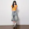 Jeans Naranja Infantil de Doble Cintura de Alta Gama de Pierna Ancha para Mujer, Corte Holgado, Adelgazantes, Lavados, Modernos, Versátiles, de Pierna Recta, Pantalones Cortos.