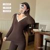 6688 Conjunto de Ropa Interior Térmica para Mujer de Lana y Seda con Cuello en V y Encaje Ropa de Otoño Conjunto de Pantalones de Otoño Corte Ajustado