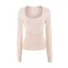 Top de punto allure puro con cuello cuadrado, botones y manga larga, nueva moda de otoño, ajuste ceñido, color liso, camiseta básica hot girl