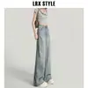Jeans Wide Leg Desfiado de Cor Clara para Mulheres Verão 2025 Novo Design Calças Retas Soltas de Cintura Alta Lavadas