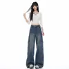 Foto Real Jeans de Trabalho Denim Americano Retrô com Múltiplos Bolsos Calças Femininas de Cintura Alta Soltas Emagrecedoras Perna Larga Perna Reta Comprimento do Chão