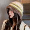 Chapéu de pescador de pelúcia quente novo para outono e inverno, moda coreana feminina, chapéu de balde de tricô com costura listrada, chapéu de balde de lã