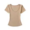 Camiseta de manga corta ajustada con cuello en U para mujer, nuevo estilo de verano 2026, top corto ajustado de color liso llamativo con cintura descubierta