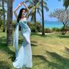 Vestido Tubinho de Malha Azul Bonito Estilo Francês Verão Feminino Férias à Beira-Mar Vestido Elegante Quadril Cauda de Peixe Vestido Longo