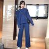 Conjunto de Duas Peças Feminino Estilo Hong Kong Elegante Suéter de Tricô Espesso Simples com Fenda Lateral Calça Wide Leg Versátil