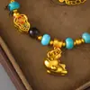 Pulsera de Pegaso con Carácter de Fortuna Chapada en Oro Estilo Antiguo, Nueva Pulsera de Calabaza de Turquesa Azul Estilo Retro Chino, Venta al por Mayor, Color Duradero