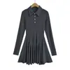 Estilo Academia Vintage Polo Lapela Slim-fit Slim-fit Cinza vestido Feminino Outono Cintura Americana Linha A Saia Plissada
