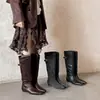 Botas de Caballero de Piel de Vaca Botas con Hebilla de Cinturón para Mujer Invierno Nuevo Estilo Piel Genuina Punta Cuadrada Tacón Bajo Botas Altas hasta la Rodilla Botas Rectas para Mujer Botas Altas