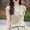 Chaleco sin mangas de punto de lana peinada fina para mujer, color liso, escote en V, con hebilla, holgado, adelgazante, para ir al trabajo, primavera y verano