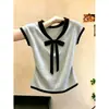 Suéter de Punto con Bloques de Color Estilo Universitario, Cuello en V y Lazo para Mujer, Nuevo Diseño de Verano, Top Casual Único y Versátil