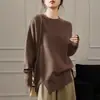 Suéter de tricô pulôver plus size com gola redonda e corte solto para mulheres, outono e inverno, com design de fenda, cor sólida, estilo casual