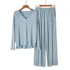 Pijama Feminino Transfronteiriço Primavera e Outono Cardigã com Babados Casual Algodão Modal Canelado Manga Longa Calça Longa Conjunto para Relaxar