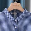 Diseño Estilo Coreano Cuello Pequeño de Muñeca Camisa de Algodón y Lino Cuadros Azules para Mujer Primavera y Otoño Holgada y Versátil Camisa Casual para Mujer