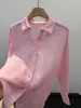 Camisa Fina de Ráfia Rosa Boluo para Mulheres, Manga Longa, Solta e Versátil, Camisa de Proteção Solar Primavera e Verão, Top Estilo Preguiçoso Emagrecedor