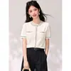 Top de malha estilo francês para mulheres, para o verão, com temperamento suave, cardigã de seda gelada, jaqueta fina de manga curta