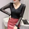 Ropa de Mujer para Primavera y Otoño 2025 Nueva Moda Trendy Camiseta de Manga Larga con Cuello en V Top Brillante de Lentejuelas Estilo Occidental Más Fácil de Combinar Camiseta Base para Mujer