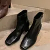 Botas de tornozelo de couro de ovelha estilo francês com bico quadrado, emagrecedoras, versáteis, com salto grosso e salto alto para mulheres, botas Martin retrô, botas de cano curto