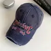 Gorra de Béisbol Negra Bordada Estilo Americano, Desgastada y Rasgada, para Mujer con Visera Ancha, Adecuada para Caras Grandes, Sombrilla de Alta Gama Estilo Pico de Pato