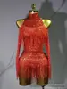 Macacão de Rede com Gola Halter de Manga Longa com Franjas de Strass para Performance de Cantora em Palco de Boate - Venda Quente Transfronteiriça Europeia e Americana