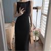 Vestido Retrô Francês Estilo Hepburn Ombro a Ombro, Novo Verão Sem Mangas Cintura Marcada Estilo Delicado Alça Espaguete Vestido Longo