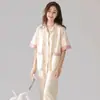 Pijama Floral Morado Estilo Ins para Mujer, Ropa de Casa de Verano de Manga Corta y Pantalón Largo, Conjunto de Cárdigan para Habitación con Aire Acondicionado de Primavera y Otoño, Estilo Delgado