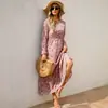 Vestido floral europeu e americano longo de gola redonda com mangas compridas para afinar a cintura