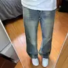 Calça jeans reta rasgada estilo retrô americano para homens, calça comprida de outono, lavada, versátil, corte solto, modeladora, com efeito empilhado e estilo vintage desgastado