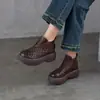 Botas curtas tecidas à mão para mulheres, feitas de couro bovino de flor integral, com solado plataforma 2026, zíper lateral e um estilo retrô e casual, com botins de couro genuíno