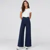 Pantalones Largos Casuales Sueltos de Pierna Ancha de Punto de Cintura Alta con Hebilla Diagonal Irregular Estilo Europeo y Americano Elásticos en Cuatro Direcciones Denim Suave para Mujer