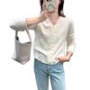 Elegância francesa! Suéter de tricô canelado cor creme com decote V, renda, organza, lã, pequeno cardigã, blusa de manga longa feminina