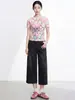 Top plisado de alta calidad Miyake para mujer, estilo fino de verano, cuello alto pequeño, popular en Japón y Corea, camiseta de manga corta con estampado de dibujos animados para mujer