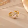 Anel de Camélia com Pérola Natural de Água Doce, Fresco e Doce, Anel Aberto de Moda de Alto Padrão, Anel Ajustável Romântico e Delicado