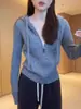 Casaco Cardigan de Lã 100% Estilo Old Money Outono/Inverno para Mulheres, Suéter com Capuz Zíper Tricô Trançado