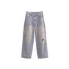 ZA comércio exterior estilo europeu e americano nova roupa de primavera feminina para o trabalho lazer fazer velho tubo reto solto buraco resíduo solo vento jeans