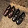 Estilo Retro Sapatos Mary Jane de Couro Genuíno Femininos Fivela Única Bico Redondo Brogue Esculpido Salto Chunky Britânico Sapatos Pequenos de Couro Sapatos Femininos