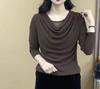 Camiseta de manga larga con cuello de alta gama para primavera y otoño, nueva camisa de base de malla elástica para mujer, blusa elegante y de moda para madres