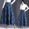 Nova Saia de Lã Xadrez de Comprimento Médio Outono/Inverno Slim Fit Cintura Alta Evase Linha A