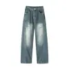 Jeans de Pierna Ancha Lavados Rasgados Estilo Retro Americano para Hombre Primavera Sueltos de Pierna Recta Adelgazantes Versátiles Pantalones Largos hasta el Suelo Personalizado