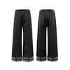 Jeans Retro Americanos de Pierna Ancha con Remaches para Hombre Bolsillo Trasero Remaches Metálicos Dobladillo Enrollado Estampado de Bandera Nacional Pantalones Rectos de Largo Completo