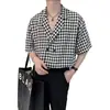 Camisa Masculina de Tecido Fino com Padrão Pied-de-Poule e Xadrez, Estilo Levemente Maduro, Business Casual, Tendência com Botões Duplos, Camisa Retro Cool de Alta Qualidade