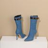 Zapatos de mujer comercio exterior transfronterizo otoño e invierno nuevas botas de moda Europa y Estados Unidos botas de mezclilla puntiagudas de gran tamaño hebilla de cuero cabello fino de alta generación