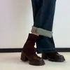 Botas Finas da Moda com Patchwork e Solado Grosso para Mulheres 2025 Novo Modelo com Zíper nas Costas, Salto Bloco de Camurça e Botas Curtas Elásticas