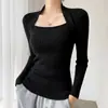 Blusa Base de Malha Preta para Mulheres, Roupa Íntima Espessa, Suéter Sexy para Outono/Inverno com Decote na Clavícula, Blusa Chic Ajustada com Gola Quadrada