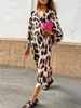 2026 Amazon Ebay Novo Vestido Longo de Outono e Inverno com Decote V Solto Manga Lanterna Estampa de Leopardo Saia Longa para Mulheres