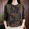 Nueva camiseta de manga larga retro estampada de otoño, base de cuello redondo a la moda, adelgazante y rejuvenecedora, top elegante para mamás