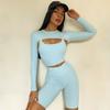 Traje de Fitness para Mujer Estilo INS Transfronterizo Sling Hermoso Espalda Sujetador de Yoga Camiseta de Manga Larga Shorts Conjunto de Tres Piezas
