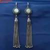 Plata Esterlina Flor Pequeña Carácter de Bendición Ruyi Pájaro y Flor Fragancia Jade Jaspe Pendientes Largos Estilo Étnico Antiguo Retro