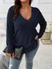 2024 Nova Camiseta Feminina Plus Size Amazon Outono e Inverno Cor Sólida Gola V Manga Longa Costurada Escovada Pulôver Solto